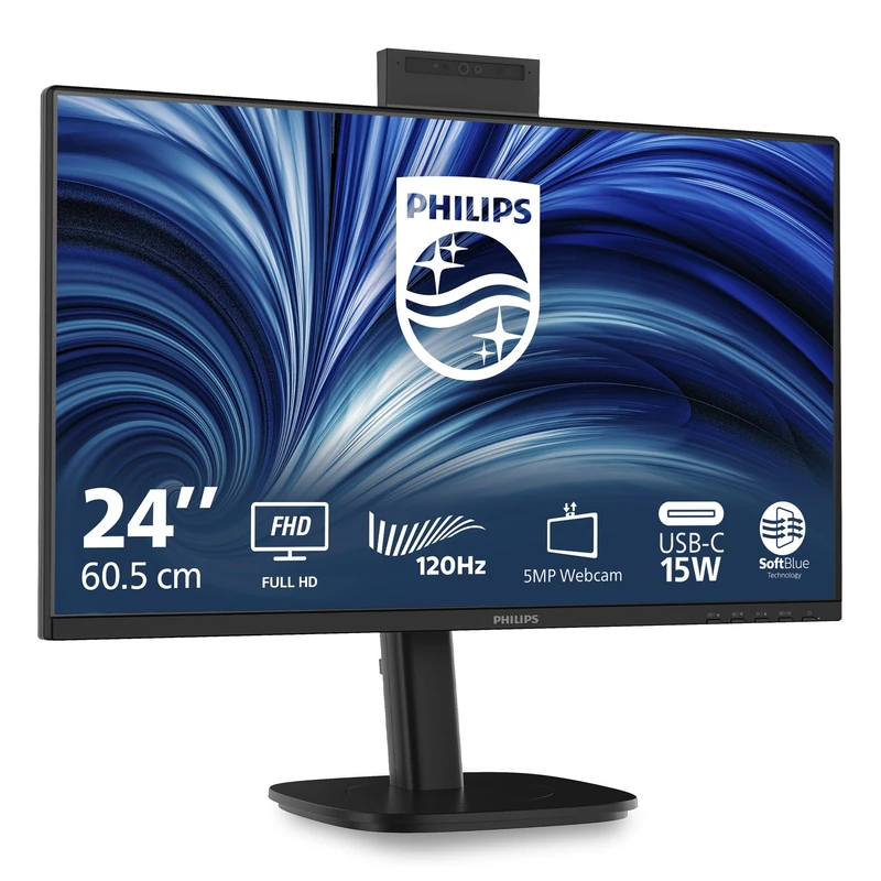 PHILIPS 24B2N3200JH 24 inch FHD Monitor 120Hz, IPS Panel, 4ms GtG, Height Adjustment, Webcam, Speakers, (1920x1080 HDMI 1x 1.4 DP 1x 1.2 USB Hub) Black