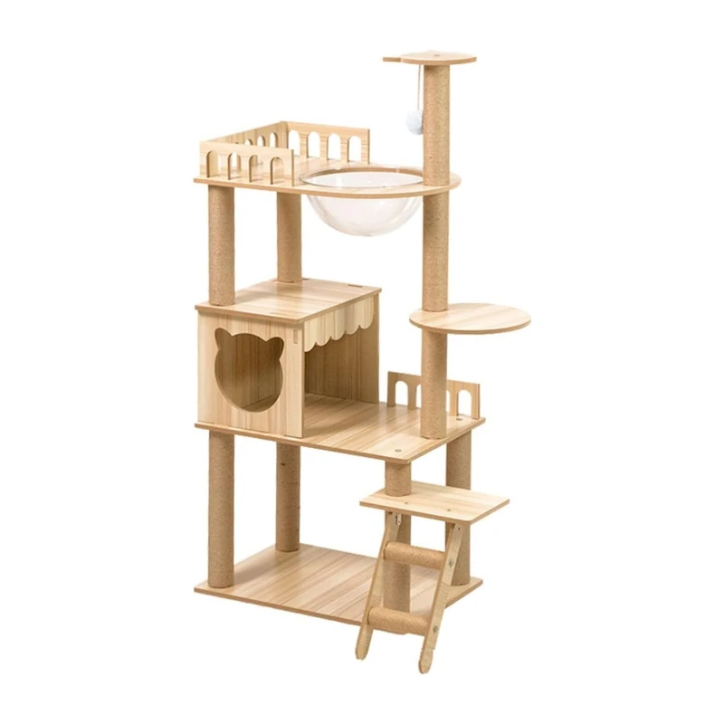 Wintem - Multi-Level Cat Scratching Post with Kennel, MDF Platforms and Sisal Columns, H135 cm with Transparent Hammock and Hanging Ball for Play, Relaxation and Observation