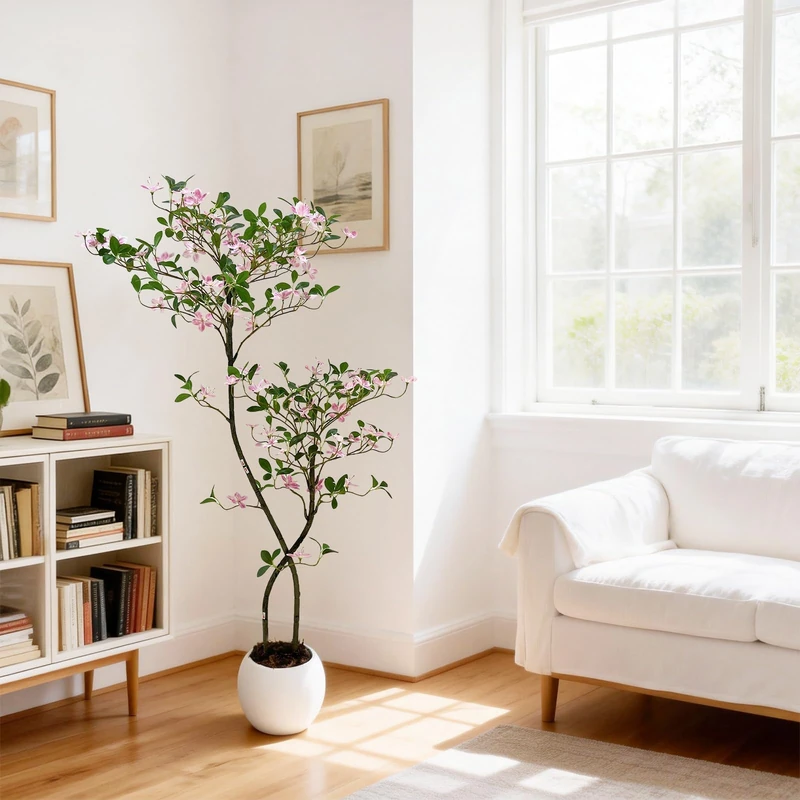 150 cm Artificial Jasmine Tree with White Pot, Artificial Plant with Artificial Flowers, Care-Free Ornamental Plant for Living Room and Patio