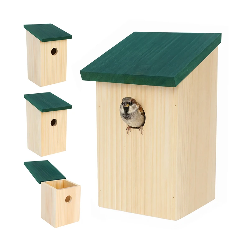 Relaxdays Nest Box Set of 4 for Sparrows & Tits, 32 mm Entrance, Roof Flap, Hanging, Natural/Green, 22x12x14 cm