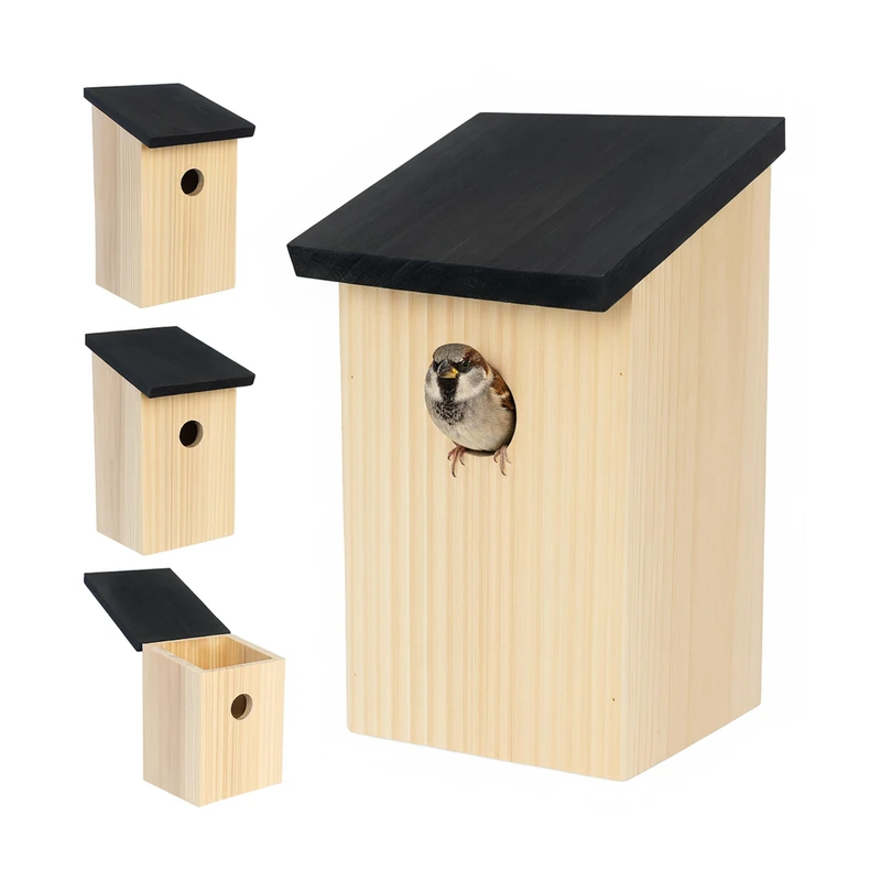 Relaxdays nesting boxes set of 4 with roof flap, 32mm holes for sparrows & tits, natural/black, 22x12x14cm