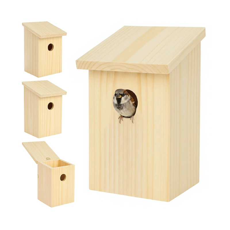Relaxdays Nest Box Set of 4 for Sparrows & Tits, 32mm Hole, Roof Flap, Hanging Natural Wood, 22x12x14 cm