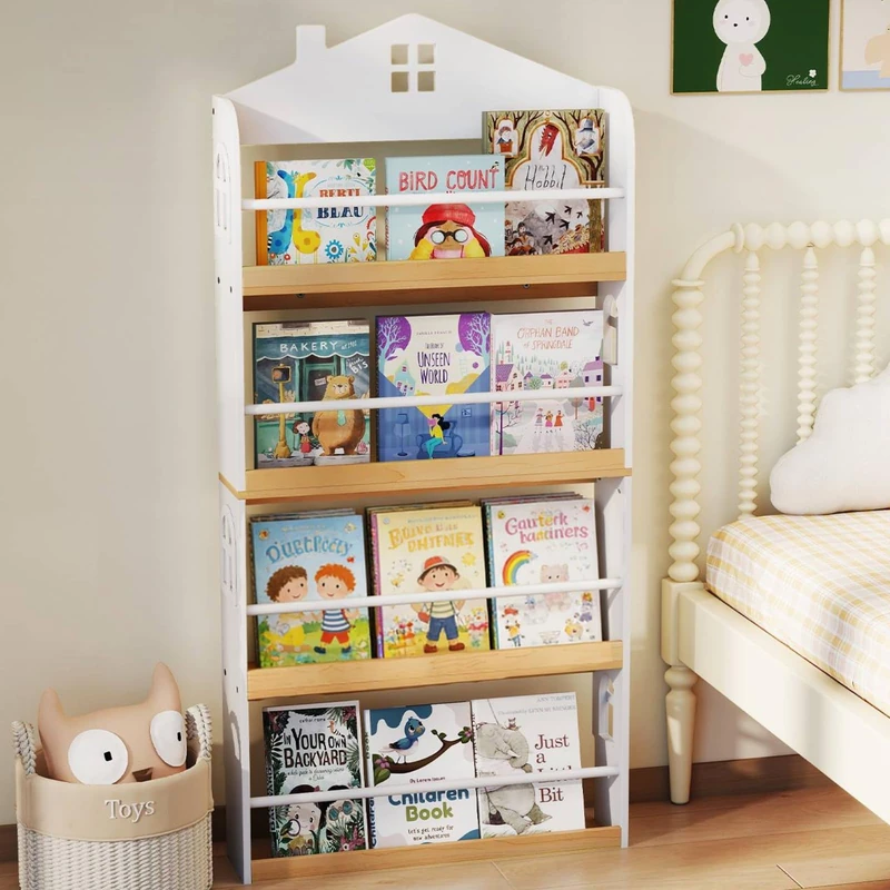 GYMAX 3/4-Tier Kids Bookshelf, Wooden Children Bookcase with Guardrails & Anti-Tipping Device, Book Storage Shelf for Child's Room (White, 4-Tier: 61 x 15 x 130 cm)