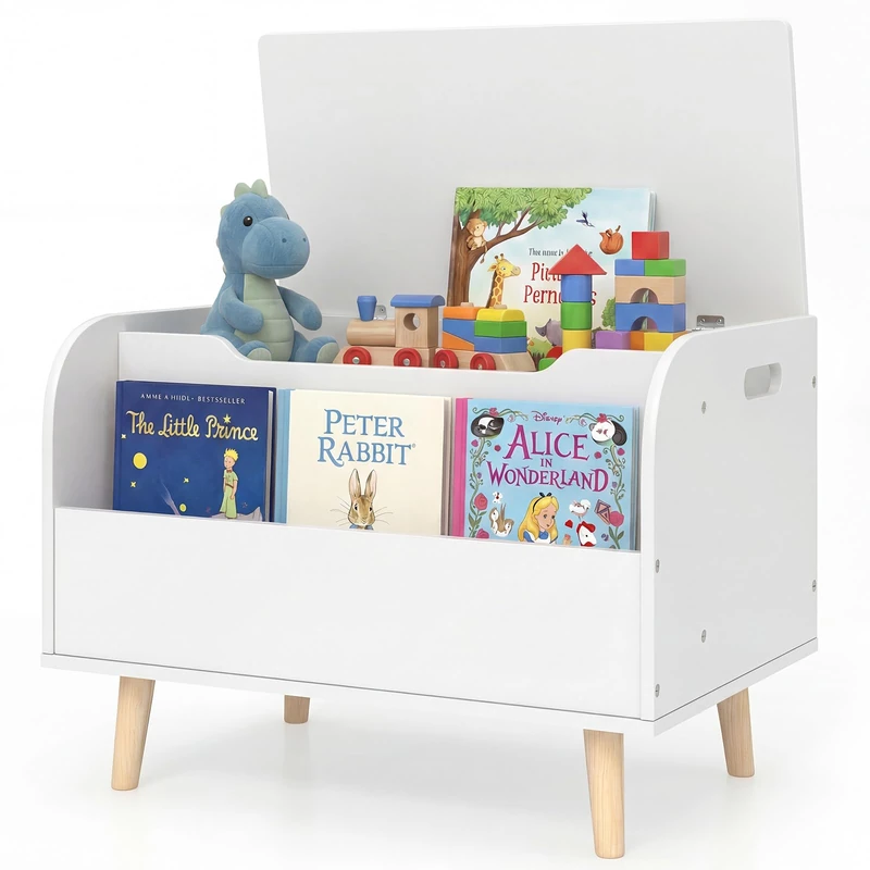 GYMAX Wooden Toy Box, Kids Storage Chest with Book Storage Space, Lid & Safety Hinge, Flip-Top Toddler Toy Organizer for Boys Girls (White, 60 x 40 x 43cm)