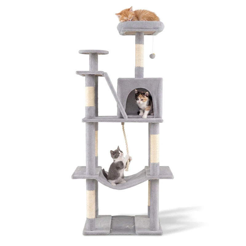FANTASK Cat Scratching Post 158 cm, Cat Climbing Tree with Sisal Scratching Post, Cat Cave, Hammock, Platforms & Play Ball, Sturdy Cat Tower for Cats (Grey) - Image 1
