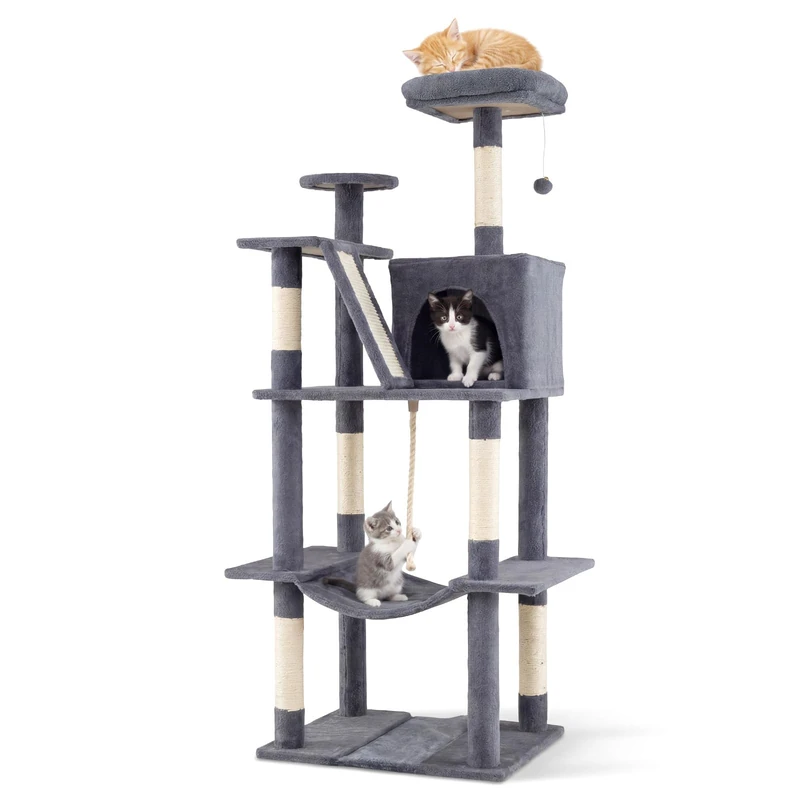 FANTASK Cat Scratching Post 158 cm, Cat Climbing Tree with Sisal Scratching Posts, Cat Cave, Hammock, Platforms & Play Ball, Sturdy Cat Tower for Cats (Dark Grey)