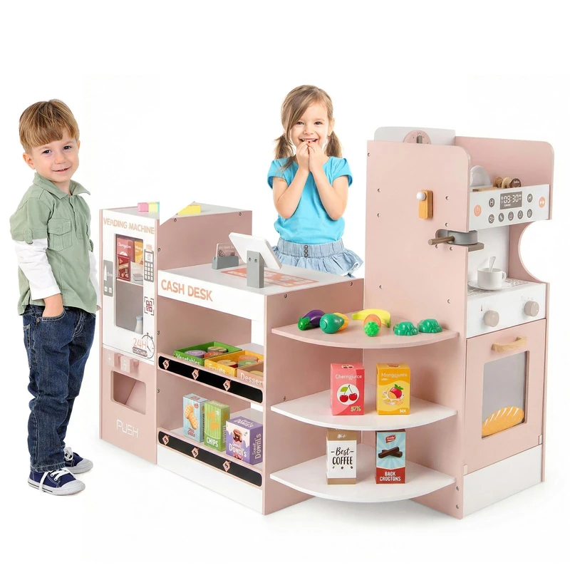 GYMAX Kids Grocery Store, Wooden Pretend Play Shop with Coffee Maker, Vending Machine, Cash Register, Oven, Display Shelves & Accessories, Children Supermarket Playset for 3+ Year Old (Pink)