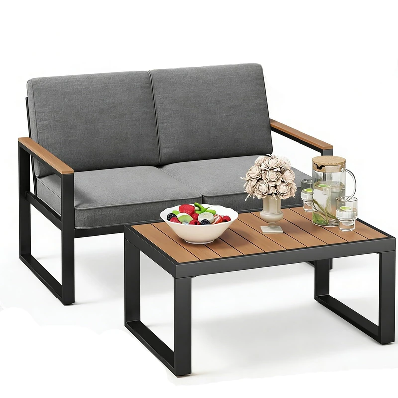 RELAX4LIFE 2 Pieces Outdoor Furniture Set, Patio Conversation Sets with 2-Seater Loveseat & 1 Coffee Table, Aluminum Frame Patio Sofa Table Set for Lounge Backyard Poolside