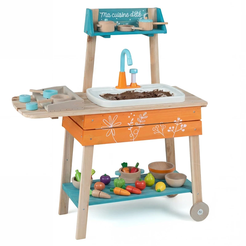 GYMAX Kids Mud Kitchen, Wooden Play Kitchen with Wheels, Removable Sink, Grill Rack and Circulation Faucet, Outdoor Cooking Role Playset for 3 Years Old+