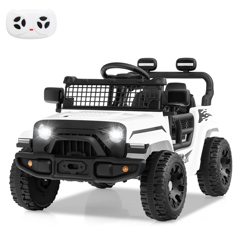 GYMAX Kids Ride on Car, 12V Battery Powered Toy Car with Remote Control, Lights, Music, Horn and Slow Start, Children Electric Off Road Truck for 3 Years Old+ (White)