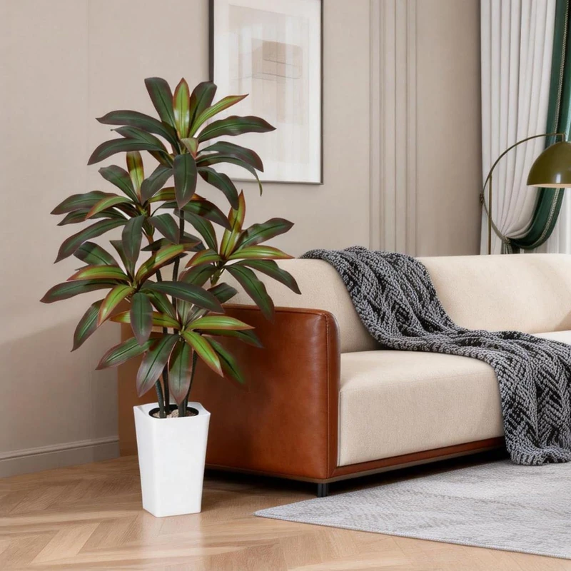 120 cm Artificial Dracaena Tree, Artificial Plant with Real Feeling Leaves and Multicoloured Stems, Large Silk Plant for Indoor Use with Pot, for Decorating Your Home Office