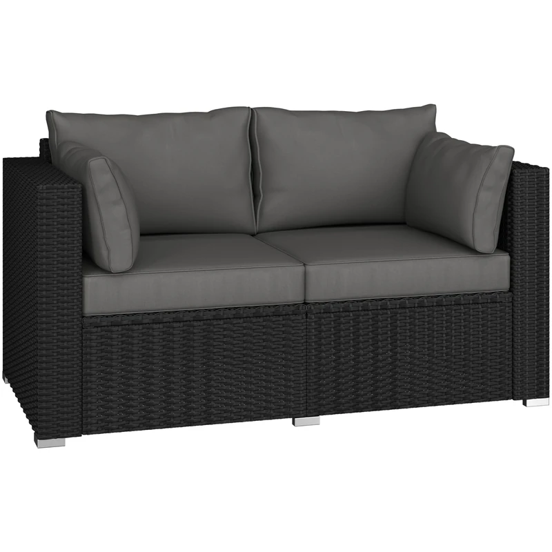 Yaheetech Patio Rattan Sofa, 2-Seater Garden Furniture with Cushions & Throw Pillows, Outdoor Rattan Couch with Protective Cover for Balcony, Yard, Porch, Deck, Black & Grey