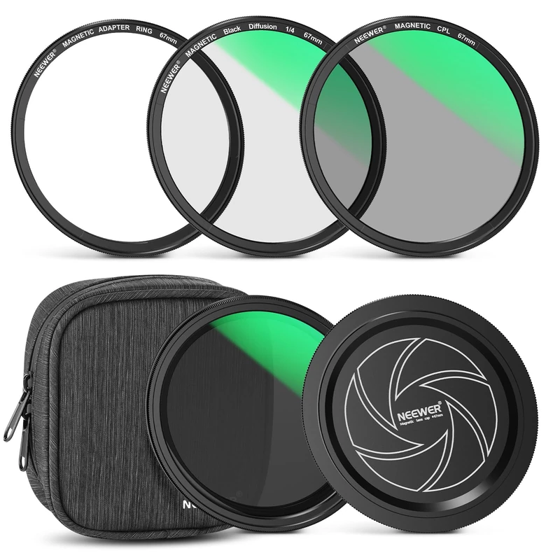NEEWER 67mm Magnetic Filter Kit, CPL + Variable ND 2-32 + 1/4 Black Diffusion + Lens Cap + Adapter Ring, 5 In 1 Stackable Multicoated Camera Lens Neutral Density Circular Polarizer Filter Accessories
