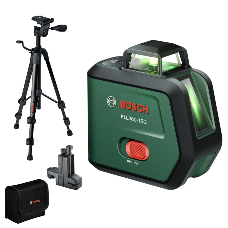 Bosch Line Laser PLL360‑15G (360° Green Horizontal and Vertical Laser Lines, IP54 Protection, Integrated 3.6 V Li‑ion Battery with USB‑C Charging, with TT120 and MM3, Pouch and Manual) - Image 1
