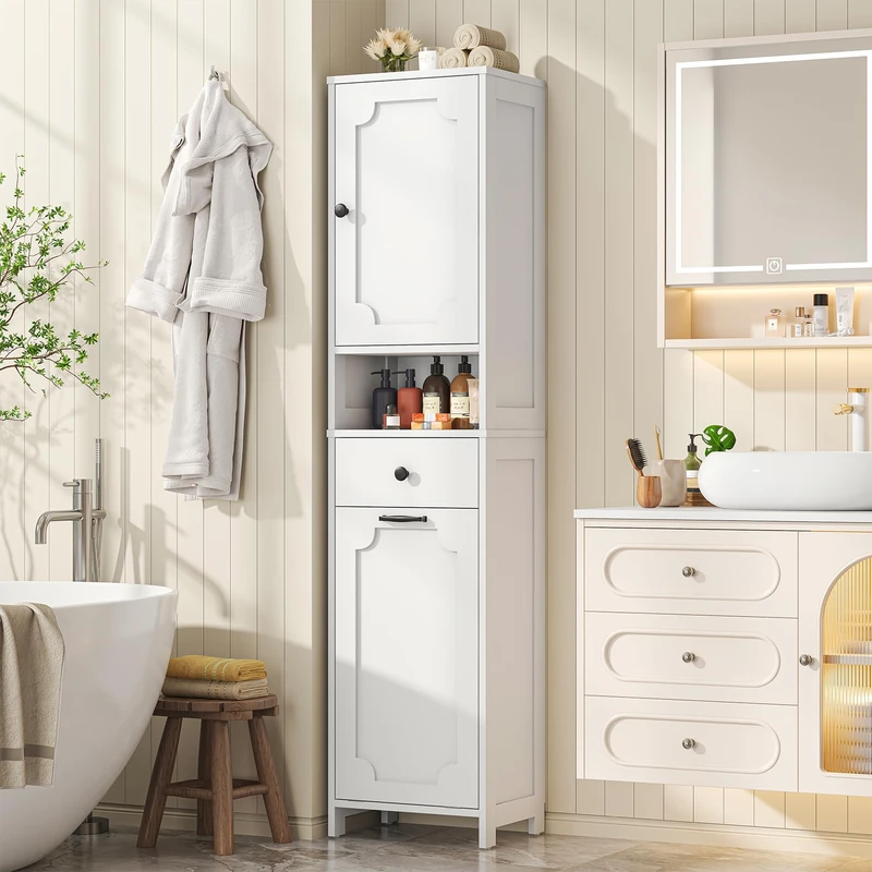 Feonase Tall Wooden Bathroom Cabinet with Single-Door Storage– 2-Tier Fixed Shelves, Open Middle Shelf, Drawer & Removable Laundry Hamper for Bathroom & Laundry Room Hallway,White