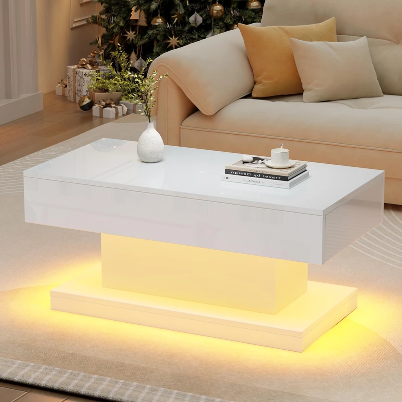 Ball & Cast High Gloss Coffee Table with 2 Drawers and LED Lights, Space-Saving Sofa Side Table for Living Room or Office, White, 100 x 50 x 45 cm
