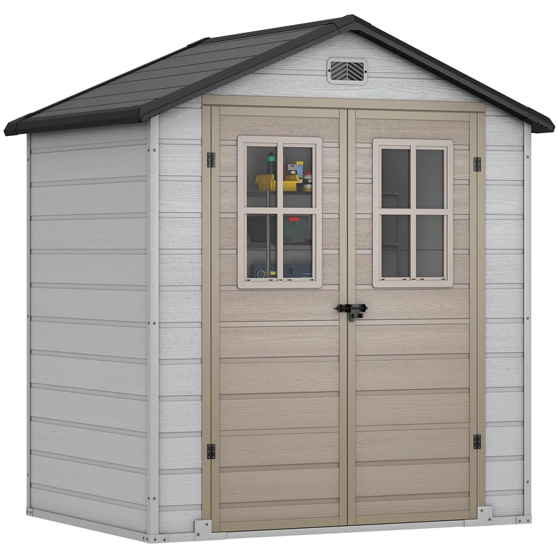 DWVO 6x4.4ft Outdoor Storage Shed, Plastic Garden Tool Shed with 2 Vision Windows, Double-Wall Outside Shed for Mower Lawn, Garden Tool for Backyard Lawn Patio, Lockable, Greige&Gray