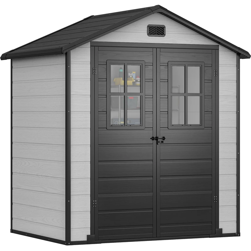 DWVO 6x4.4ft Outdoor Storage Shed, Plastic Garden Tool Shed with 2 Vision Windows, Double-Wall Outside Shed for Mower Lawn, Garden Tool for Backyard Lawn Patio, Lockable, Grey&Black
