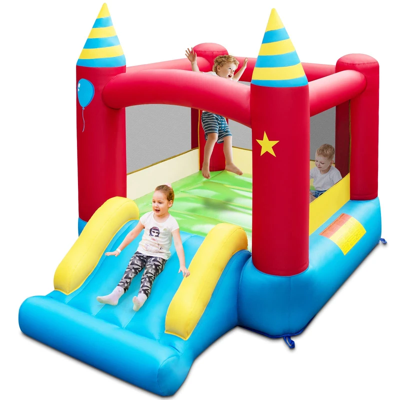 GYMAX Kids Bouncy Castle, Inflatable Jumping House with Slide & Carry Bag, Indoor Outdoor Children Bounce Playhouse for 3-10 Years Old Boys Girls (without Blower)