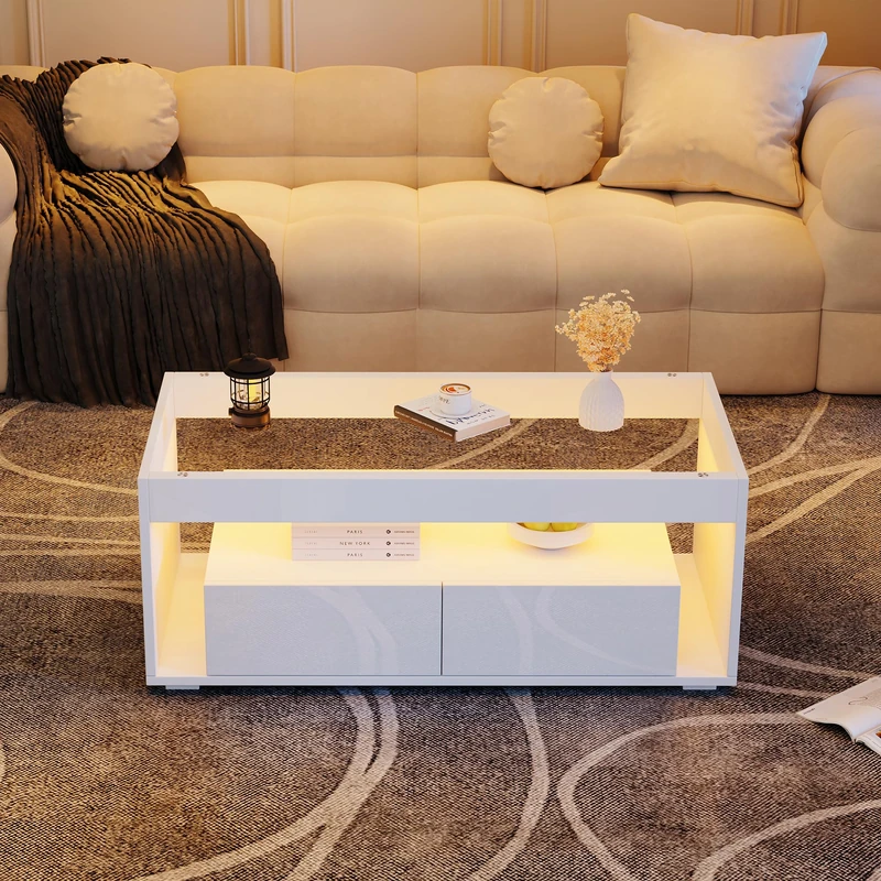 Ball & Cast High Gloss Coffee Table with Open Storage, LED lights, Centre Table with glass tabletop, Sofa Side Table with 2 drawers, Coffee End Table with LED for Living Room,100 x 50 x 40cm, White