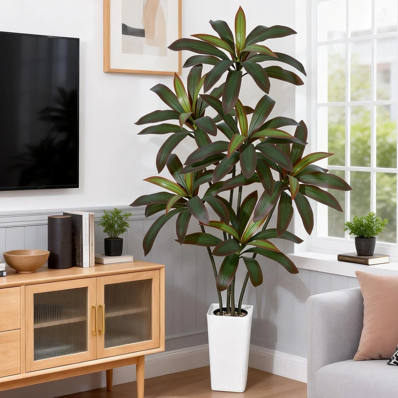 120 cm Artificial Dracaena Tree, Artificial Plant with Real Feeling Leaves and Multicoloured Stems, Large Silk Plant for Indoor Use with Pot, for Decorating Your Home Office - Image 1