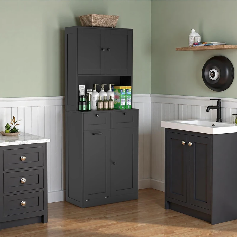Feonase Double-Tier Wooden Bathroom Cabinet with Dual Side Doors (4 Shelves), Central Open Shelf, 2 Drawers & Removable Laundry Hamper – Spacious Vertical Storage Solution, Black