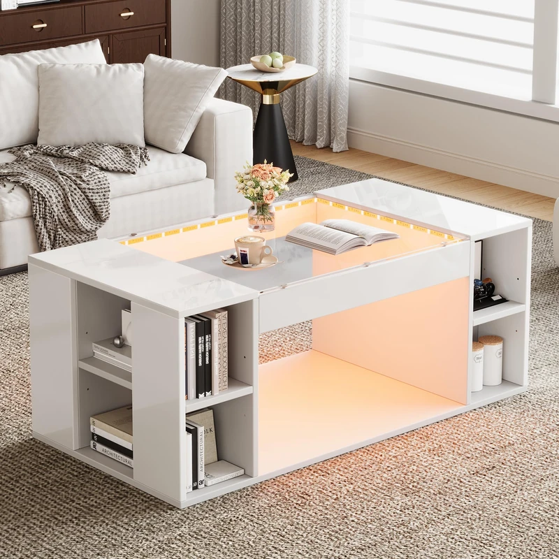 Ball & Cast LED Coffee Table for Living Room, Modern Center Table with LED Lights,Tempered Glass Top,2 Tiers & 2 Drawers,Stylish Storage Coffee Table White, 100 x 50 x 40 cm