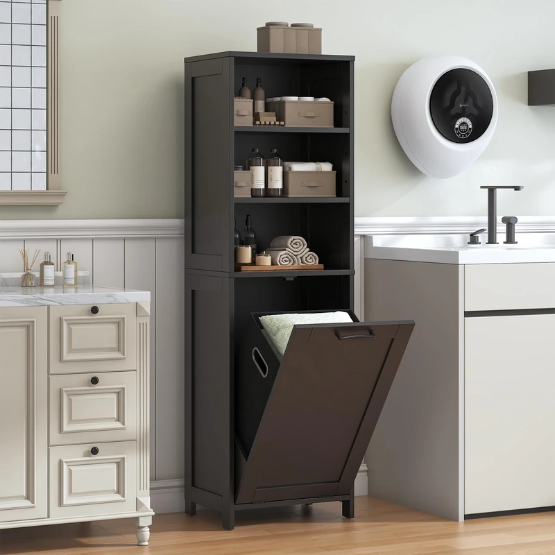 Feonase Compact Bathroom Cabinet with Detachable Laundry Hamper, Narrow Freestanding Storage Unit with 3 Open Shelves for Bathroom, Laundry Room, Hallway, Black
