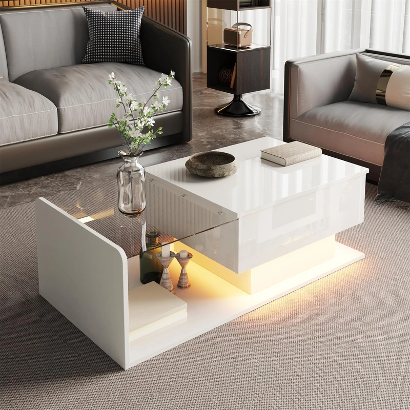 Ball & Cast Lift Top Coffee Table with Storage, High Gloss LED Side Table for Living Room, Bedroom or Reception, Space-Saving Design, MDF + Glass, White, 100×50×33cm - Image 1