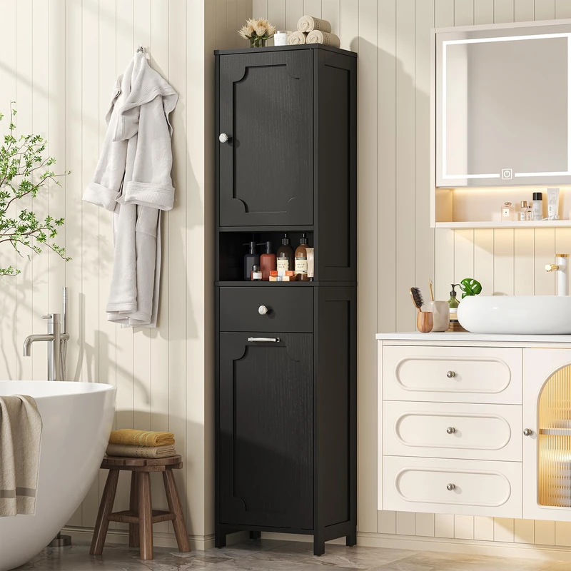 Feonase Tall Wooden Bathroom Cabinet with Single-Door Storage– 2-Tier Fixed Shelves, Open Middle Shelf, Drawer & Removable Laundry Hamper for Bathroom & Laundry Room Hallway,Black