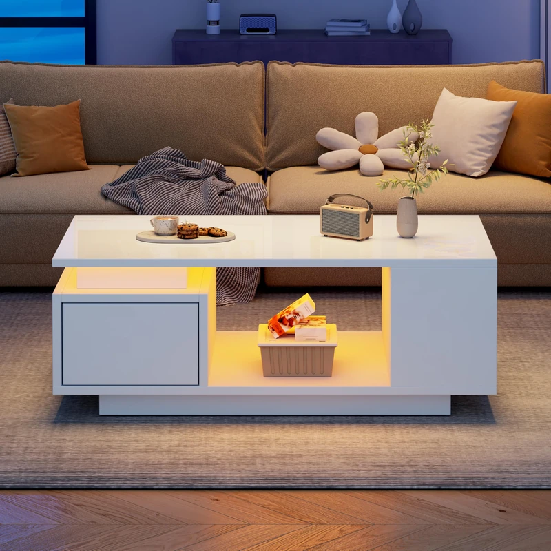 Ball & Cast High Gloss Coffee Table with Open Storage, 1 Drawer and LED Lights, Space-Saving Sofa Side Table for Living Room or Office, White, 100 x 50 x 36 cm