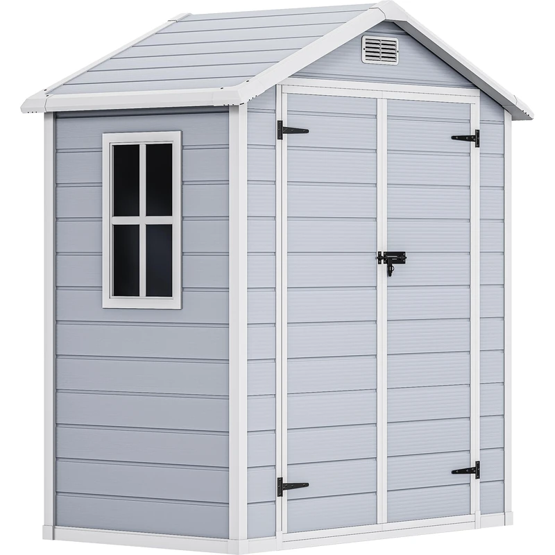 DWVO 6x4 FT Outdoor Resin Storage Shed with Reinforced Floor, All-Weather Bike Storage Shed with Lockable Door, Window and Vent, Waterproof Plastic Tool Storage for Garden, Backyard, Patio, Lawn,Gray