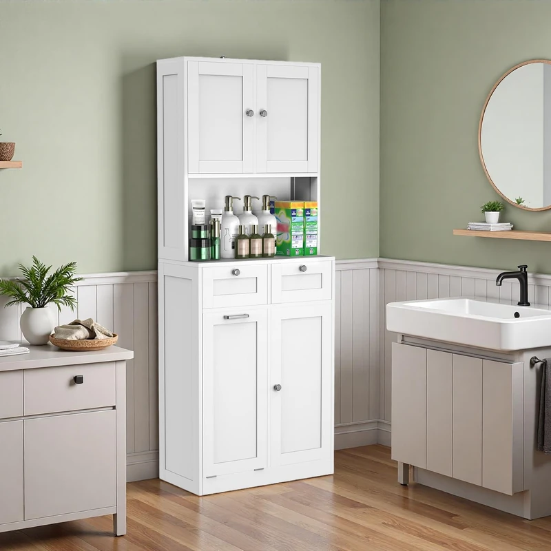 Feonase Double-Tier Wooden Bathroom Cabinet with Dual Side Doors (4 Shelves), Central Open Shelf, 2 Drawers & Removable Laundry Hamper – Spacious Vertical Storage Solution, White