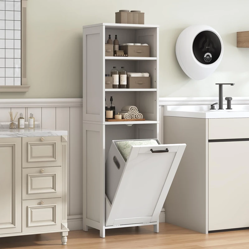 Feonase Compact Bathroom Cabinet with Detachable Laundry Hamper, Narrow Freestanding Storage Unit with 3 Open Shelves for Bathroom, Laundry Room, Hallway, White