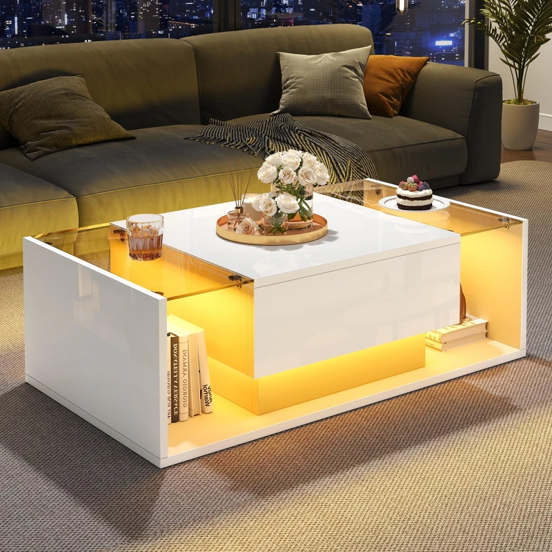 Ball & Cast High Gloss Coffee Table with Open Storage, 1 Drawer and LED Lights, Space-Saving Glass Top Sofa Side Table for Living Room or Office, White, 100 x 50 x 31 cm