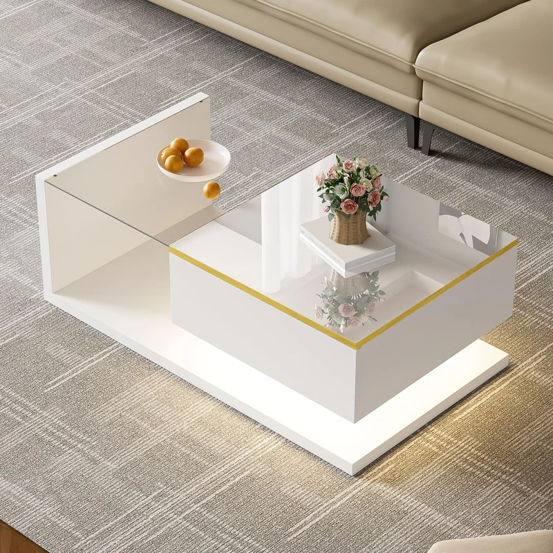 Ball & Cast Coffee Table with Storage, High Gloss Coffee Table with Glass and LED, Rectangle, Modern, with Drawer for Living Room, White