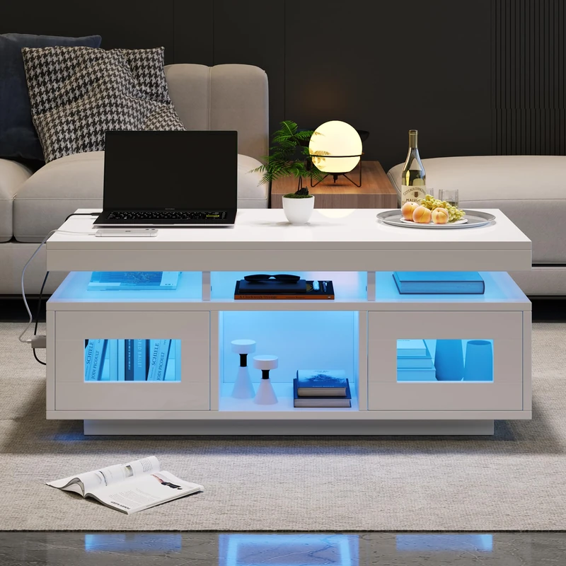 Ball & Cast High Gloss Coffee Table with LED& USB Ports, White Coffee Table with Sockets, Centre Table with 2 Doors & Storage, Space-Saving Sofa Side Table & Coffee End Table, 100 x 50 x 43 cm
