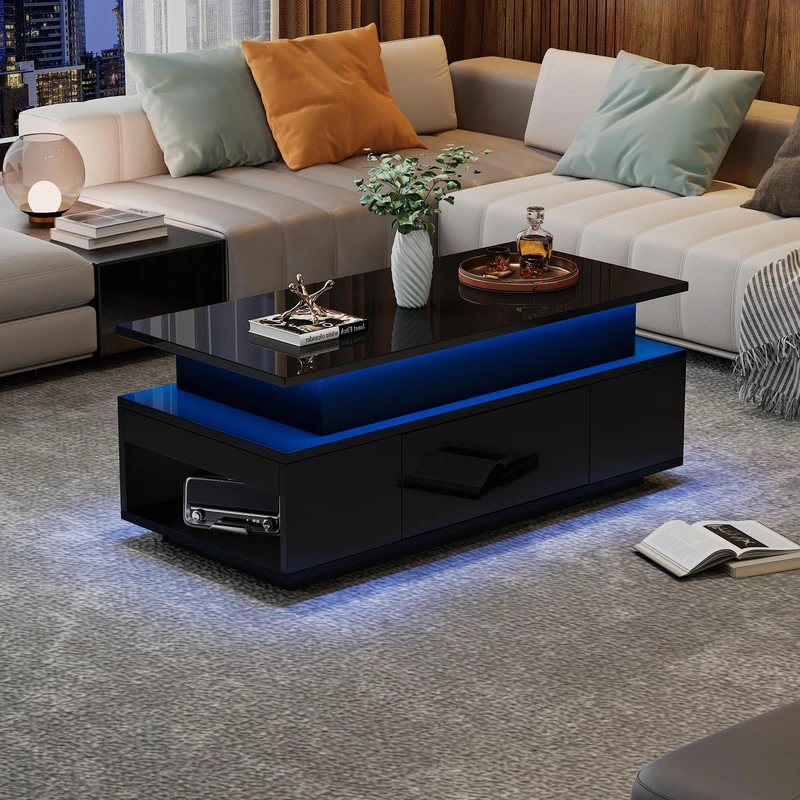 Ball & Cast High Gloss Black Coffee Table with LED Lights, Modern Rectangle Side End Table with Drawers & Open Storage, Console Centre Table with Glass Insets, 95x50x42.5cm, Smart App Control