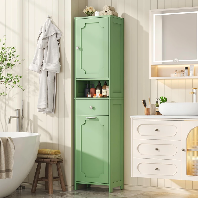 Feonase Tall Wooden Bathroom Cabinet with Single-Door Storage– 2-Tier Fixed Shelves, Open Middle Shelf, Drawer & Removable Laundry Hamper for Bathroom & Laundry Room Hallway,Green