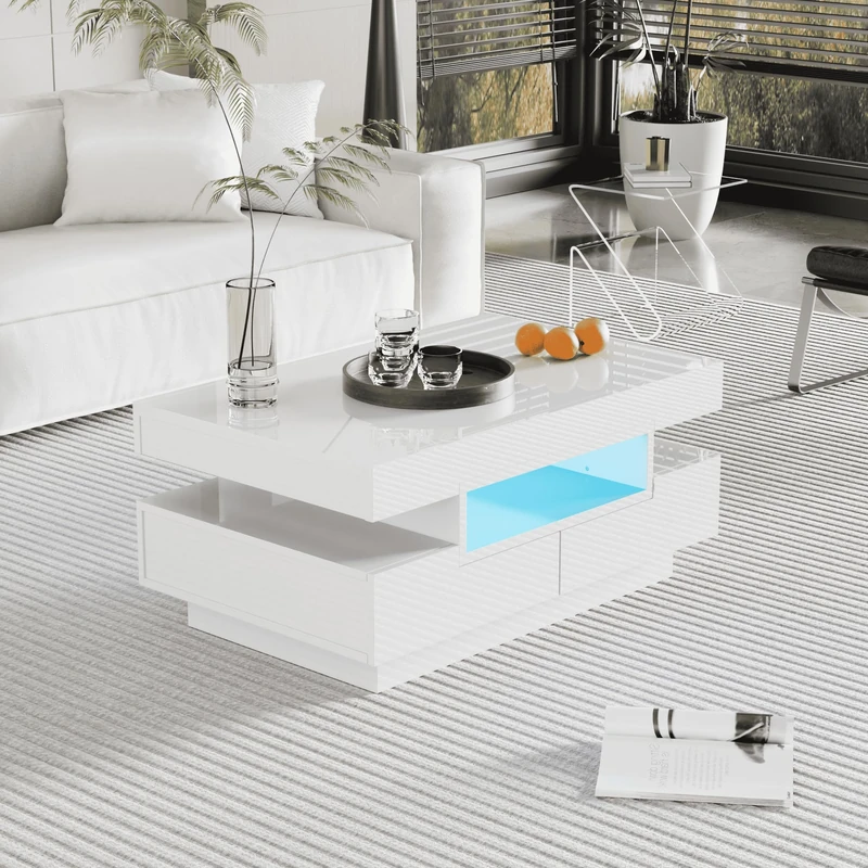Ball & Cast LED Coffee Table with White High-Gloss Surface, 4 Drawers Front & Back, Large Storage Space, Adjustable LED Light Strip, 80×50×36 cm, Modern Living Room Center Table