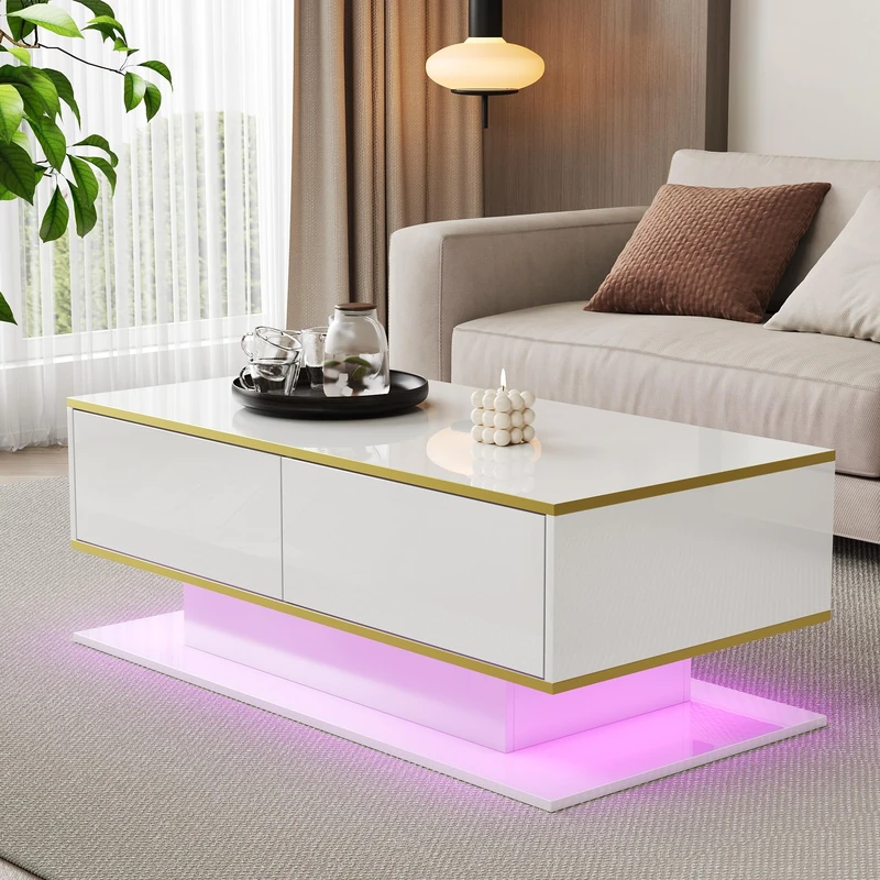 Ball & Cast Lift Top Coffee Table, White, With 2 Drawers and LED Light, End Table Tea Tables With Storage for Living Room