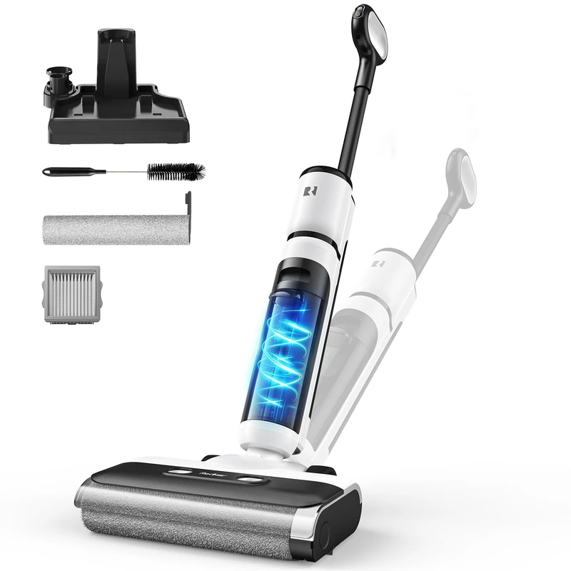 Redkey W13SE Wet/Dry Vacuum Cleaner Battery, 75 Mins 22 KPa Wireless Vacuum Cleaner with Wiping Function, Self-Cleaning, Dual Water Tank, LED Voice Reminder, Suitable for Hard Floors, Pet Hair (White)