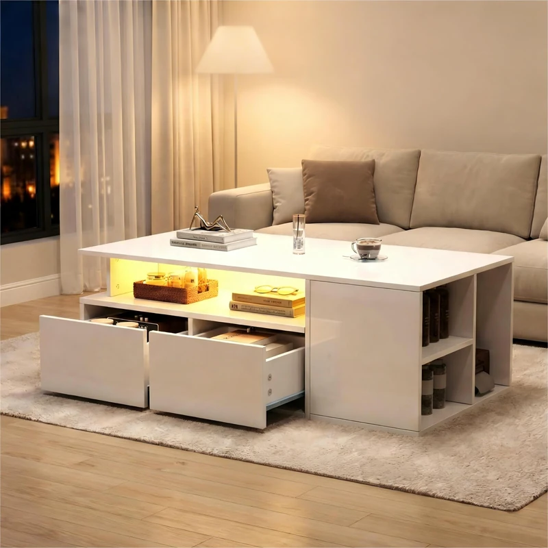 Ball & Cast High Gloss Coffee Table with LED Lighting, Open Display Shelf, 2 Drawers & 3 Side Storage Compartments, Space-Saving Sofa Side Table for Living Room, Particle Board, White, 100×50×35 cm