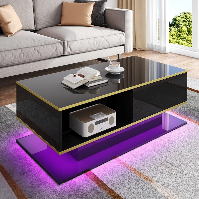 Ball & Cast Modern LED Coffee Table with High-Gloss Finish, 100 cm Length, Gold Accents, 3 Drawers & USB LED Light Strip (Adapter/Power Bank Required), Black