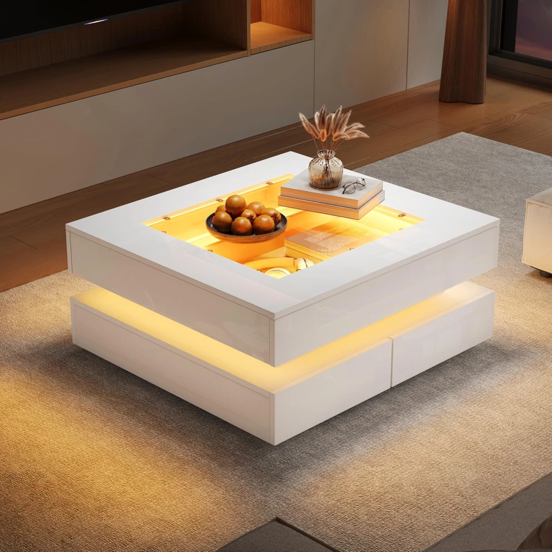 Ball & Cast High Gloss Coffee Table with 3 Drawers and LED Lights, Square Glass Top Side Table for Living Room or Office, White, 70 x 70 x 35 cm