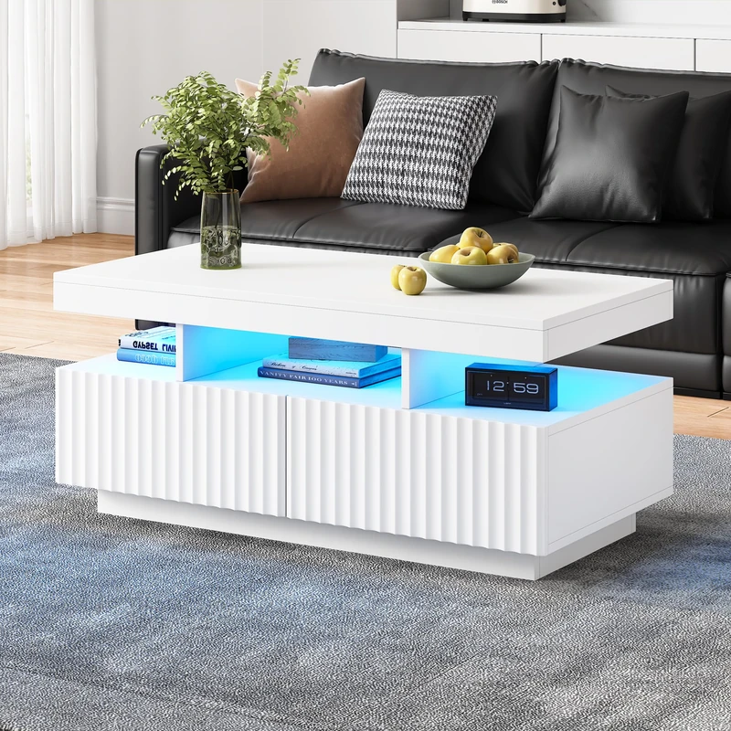 Ball & Cast Coffee Table with LED lights, 2drawers, Ribbed Decorative Centre Table, Sofa Side Table, Rectangle Coffee End Table for Living Room, Office, 100 * 50 * 45cm, white, Particleboard