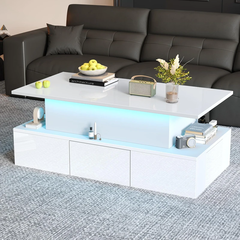 Ball & Cast Lift-Top Coffee Table, Highgloss Centre Table w/ 4 Drawers & LED Light, Lifting Sofa Side Table, Space-saving End Table, Tea Table, For Living Room Office 100 x 50 x 40 cm White