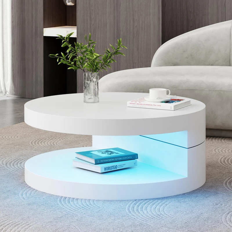Ball & Cast Round rotating coffee table with LED lights, 360° rotating tabletop, end table, double-layer sofa sidetable, Open storage space, 70 * 70 * 35.5cm, MDF, white