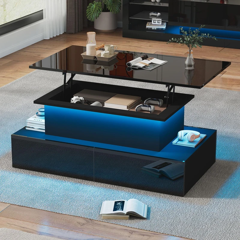 Ball & Cast LED High Gloss Lift Top Coffee Table with Storage, 1 Open Storage Space, 1 Hidden Storage Space and 4 Big Drawers, Rectangle Wooden Side Table for Living Room, Black, 90x55x42.5cm