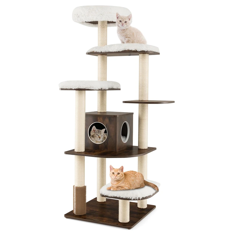 GYMAX Wooden Cat Tree, Tall Indoor Plush Cat Tower with Private Condo, Full Sisal Posts & Massage Comb, Modern Kitten Activity Center for Climbing, Scratching & Sleeping